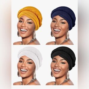 4 Pieces African Women Turban Cap Head Wraps Beaded Headscarf Beanie Wrap